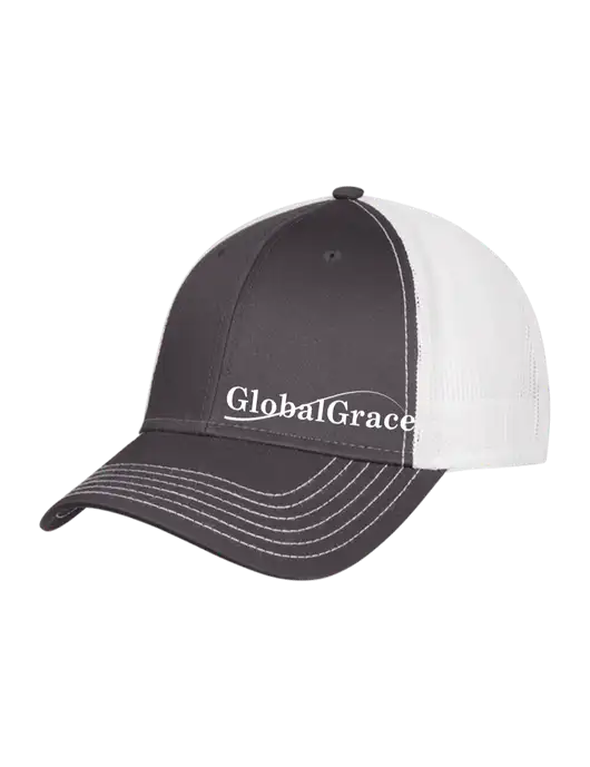 Dark Grey/White Mesh Trucker Cap Snap Back w/Global Grace Logo