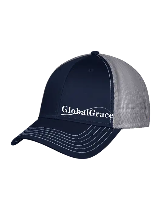 Navy & Grey Mesh Trucker Cap Snap Back w/Global Grace Logo