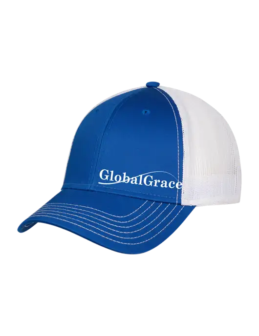 Royal & White Mesh Trucker Cap Snap Back w/Global Grace Logo