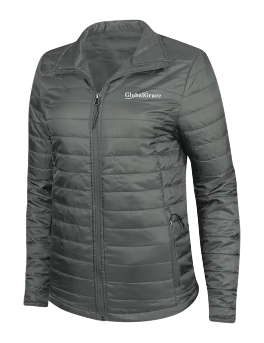 Dark Grey Womens Puffy Packable Jacket w/Global Grace Logo