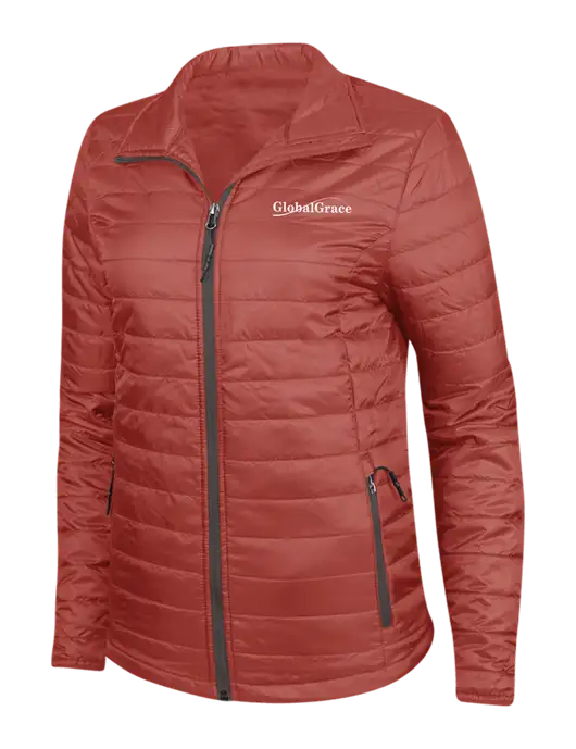 Dark Red Womens Puffy Packable Jacket w/Global Grace Logo