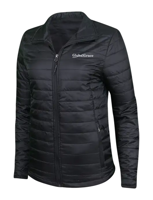 Womens Black Puffy Packable Jacket w/Global Grace Logo