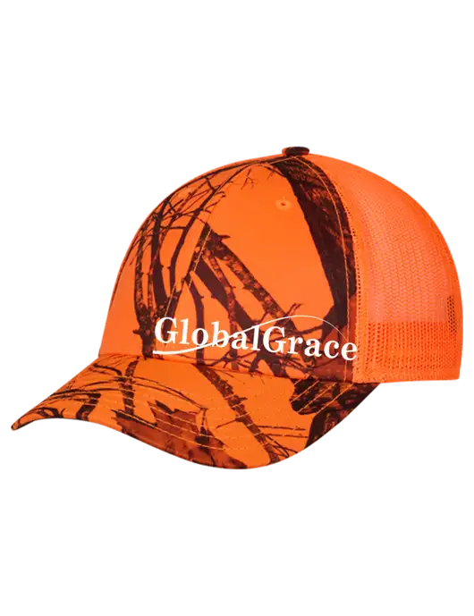 Blaze/Neon Orange Mossy Oak Camo Mesh Trucker Cap Snap Back w/Global Grace Logo
