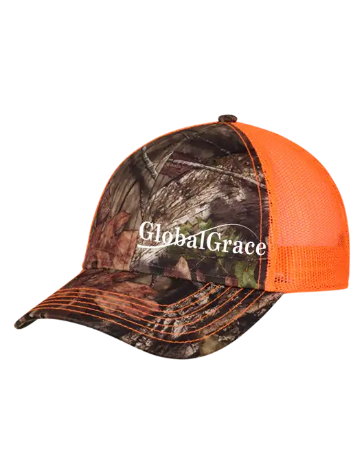 Country Orange Mossy Oak Camo Mesh Trucker Cap Snap Back w/Global Grace Logo