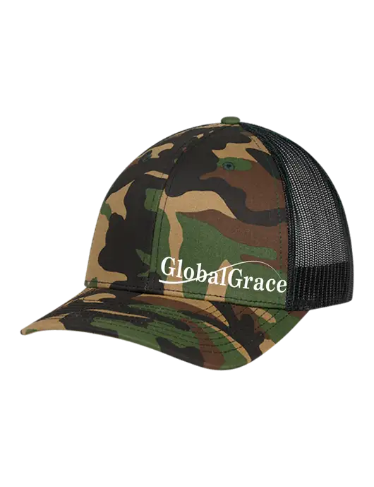 Richardson Adjustable Snapback Original 112P Trucker Cap Army Camo/Black  w/Global Grace Logo